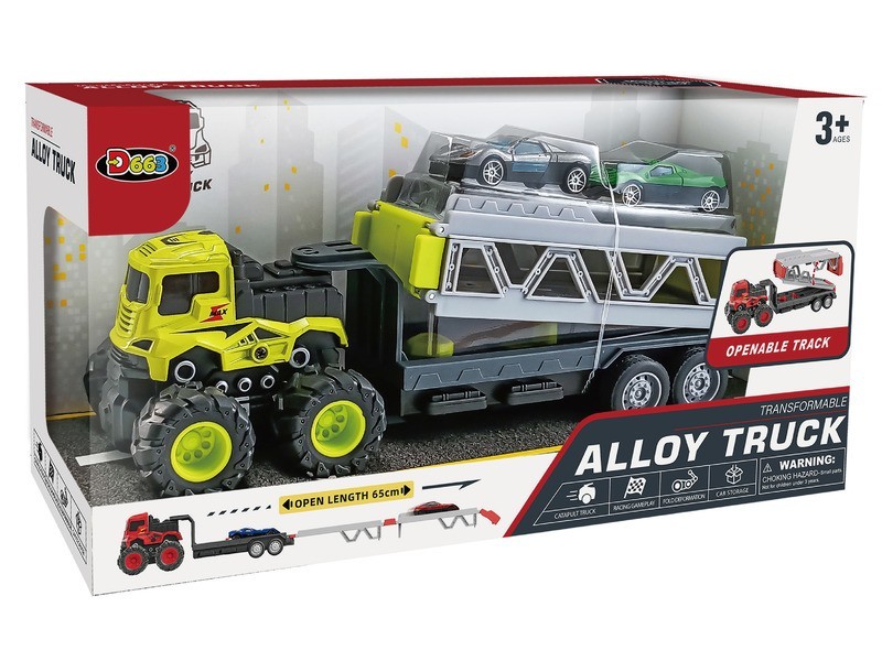 Lendkerekes tréler két fém autóval