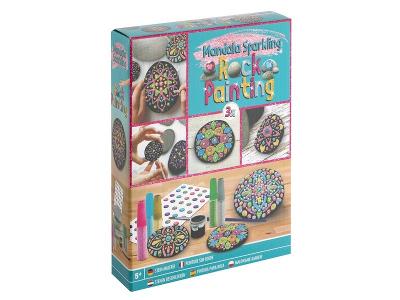 Mandala kavicsfestő készlet - 3 kavics, 5 csillogó festék