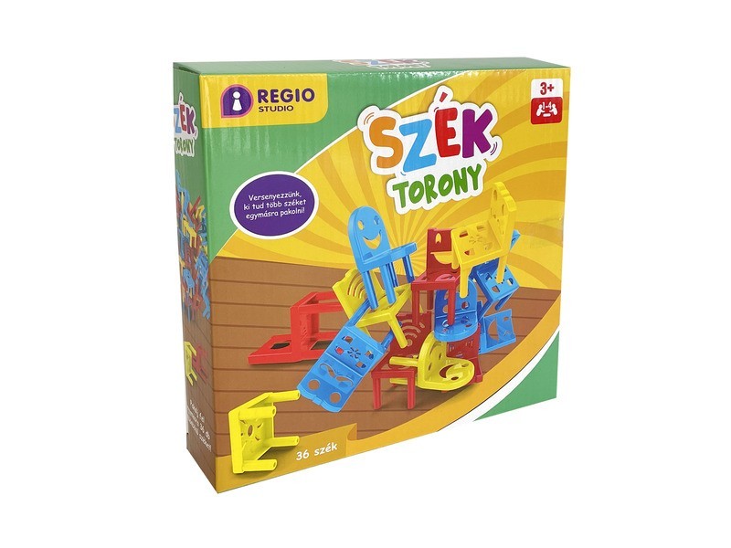 Széktorony társasjáték doboza és játékelemei
