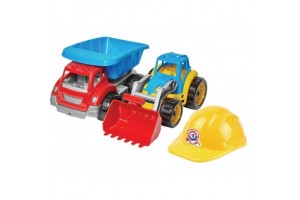 Műanyag dömper és traktor sisakkal - gyerek játék
