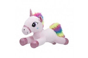 Fekvő rózsaszín unikornis plüss, 40 cm, szivárványos sörény
