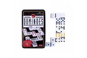 Dominó fém dobozban – 55 darabos színes pöttyös lapok