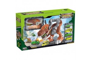 Dínó garázs játékszett 3 autóval és helikopterrel