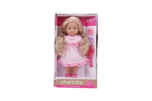 Charlotte 36 cm fésülhető puha baba - rózsaszín kockás ruha