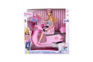 Játékbaba robogóval, 28 cm, rózsaszín