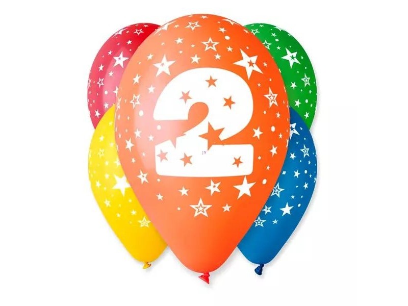 Színes 2-es számú lufi, 5 darabos csomag