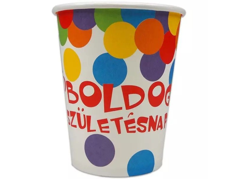 Konfetti mintás 'Boldog születésnapot' papírpohár 250 ml (6 db)