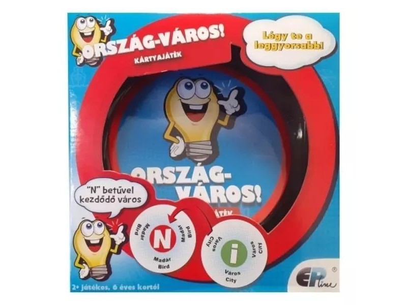 Ország-Város kártyajáték doboza és kártyák