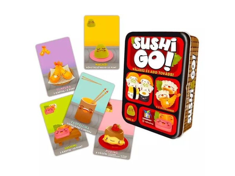 Sushi Go kártyajáték – doboz és kártyák