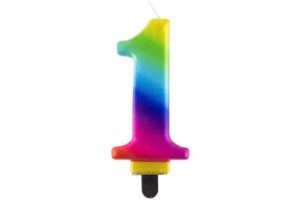 Szivárvány 1-es születésnapi gyertya, 8 cm