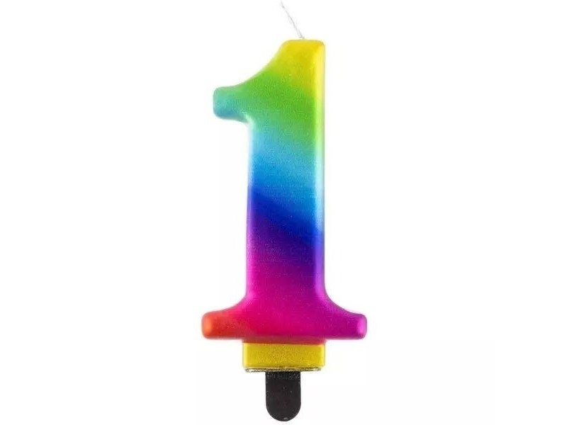 Szivárvány 1-es születésnapi gyertya, 8 cm