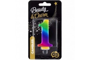 Szivárvány 1-es születésnapi gyertya, 8 cm