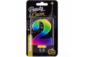 Szivárvány színű 2-es számgyertya, 8 cm