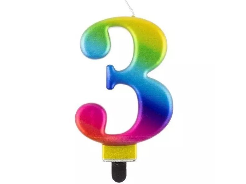 Szivárvány 3-as születésnapi gyertya, 8 cm