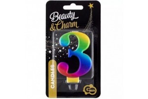 Szivárvány 3-as születésnapi gyertya, 8 cm