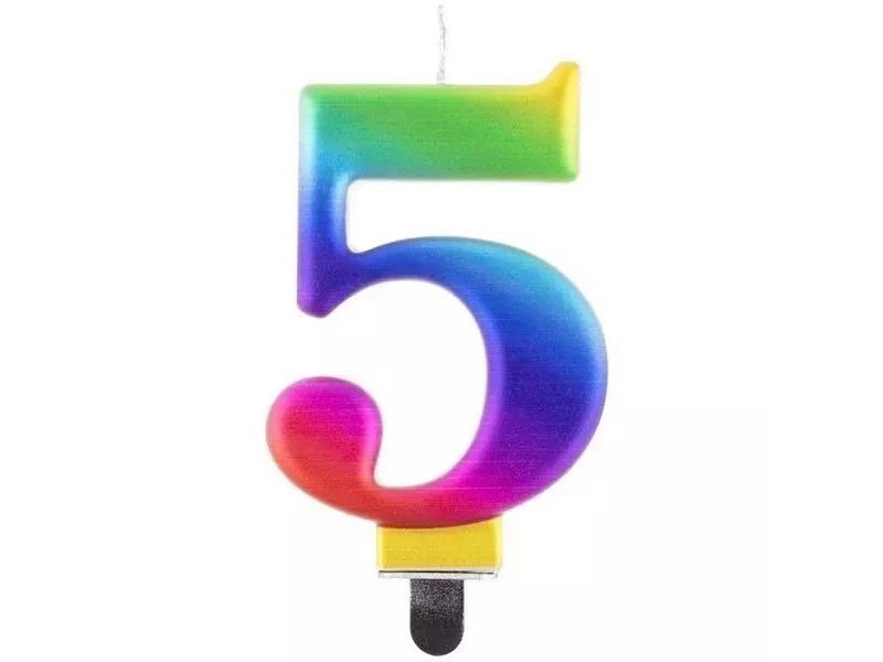 Szivárvány színű 5-ös születésnapi gyertya, 8 cm