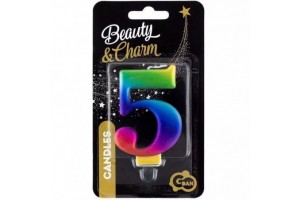 Szivárvány színű 5-ös születésnapi gyertya, 8 cm