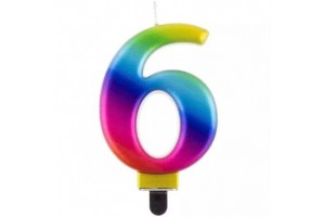 Szivárvány 6-os számgyertya, 8 cm