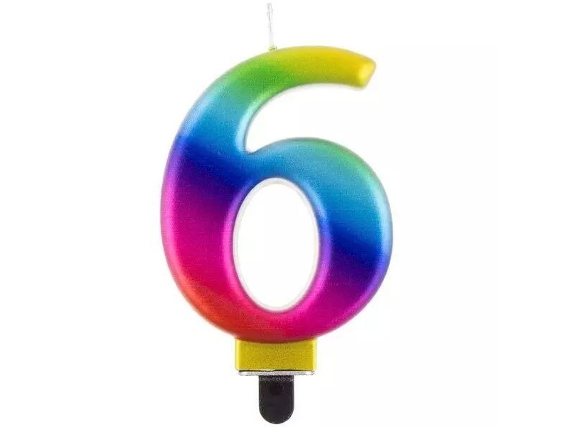 Szivárvány 6-os számgyertya, 8 cm