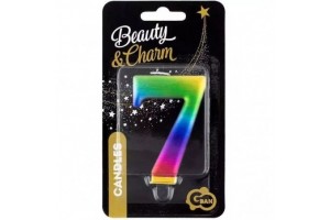 Szivárvány 7-es számgyertya, 8 cm