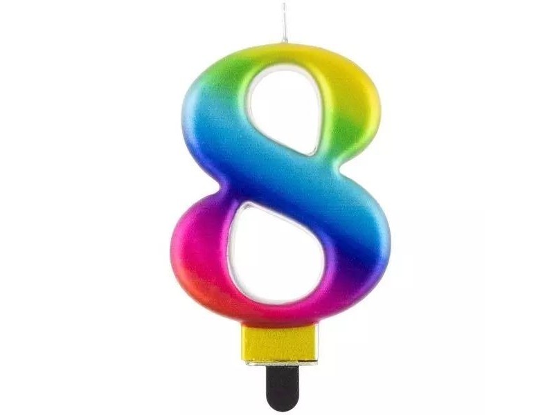 Szivárvány 8-as születésnapi gyertya, 8 cm