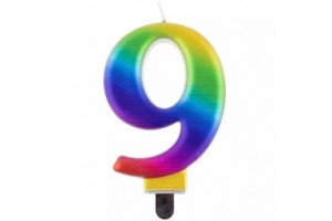 Szivárvány színű 9-es születésnapi gyertya, 8 cm