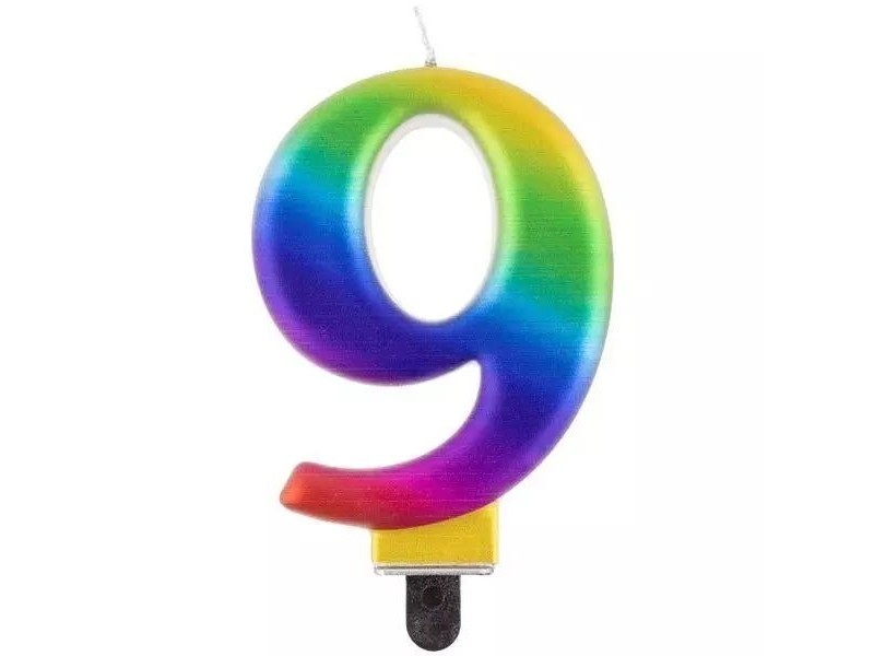 Szivárvány színű 9-es születésnapi gyertya, 8 cm