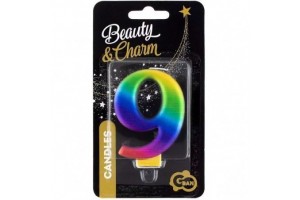 Szivárvány színű 9-es születésnapi gyertya, 8 cm