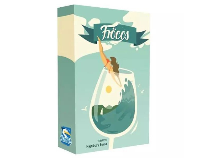 Fröccs társasjáték doboz, kártyák és játékelemek