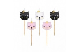 Cicafejek tortagyertyák 5 db — fekete, fehér, rózsaszín