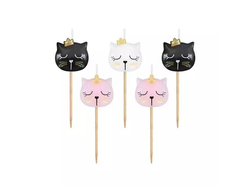 Cicafejek tortagyertyák 5 db — fekete, fehér, rózsaszín