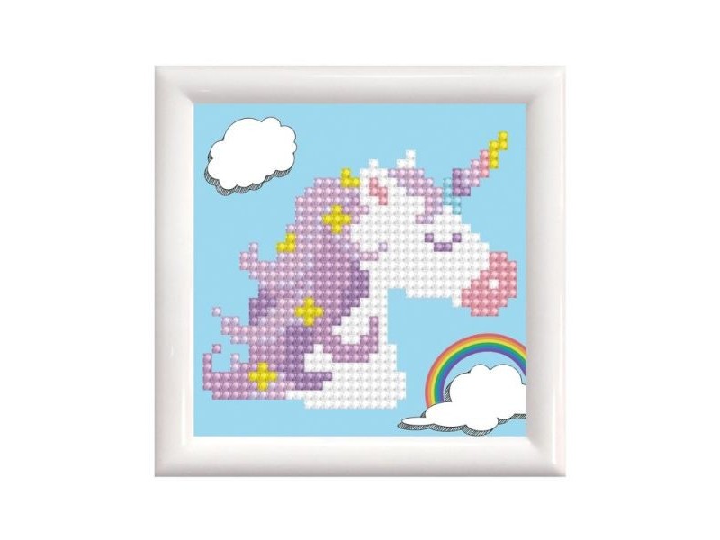 Szivárványos unikornis gyémántszemes kirakó fehér kerettel