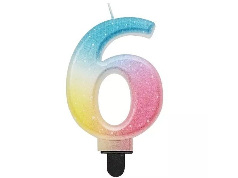 Szivárvány pasztell 6-os számgyertya tortán