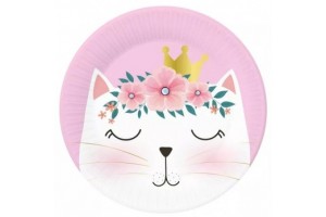 Virágos cica mintás papírtányér (18 cm, 6 db)