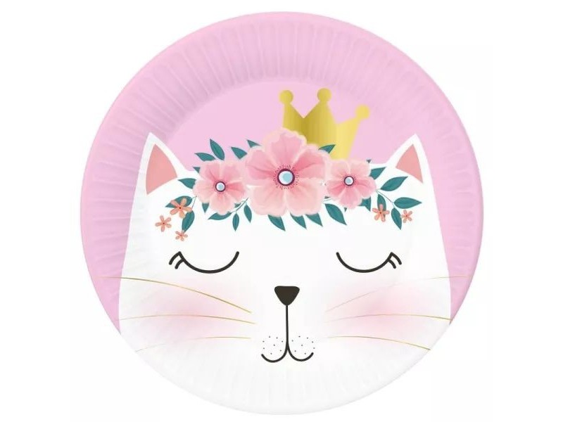 Virágos cica mintás papírtányér (18 cm, 6 db)