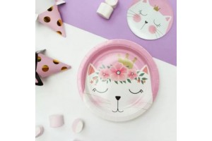 Virágos cica mintás papírtányér (18 cm, 6 db)