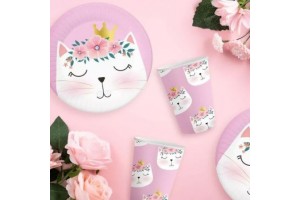 Virágos cica mintás papírtányér (18 cm, 6 db)