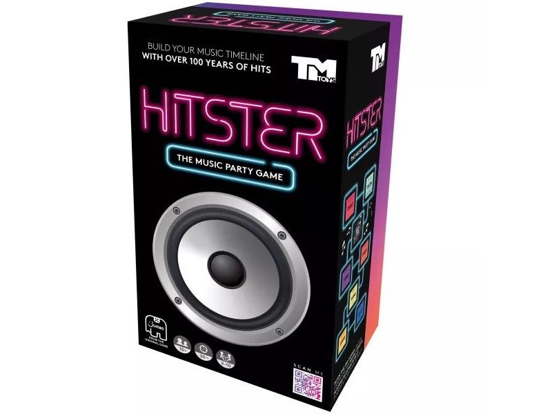 Hitster társasjáték doboz és zenei kártyák (QR-kód)