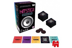 Hitster társasjáték doboz és zenei kártyák (QR-kód)