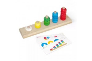 Fa piramisépítő készlet - Montessori, 15 gyűrű, 10 kártya