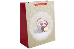 Maci és pingvin Mikulás sapkás ajándéktasak, 31 x 42 cm