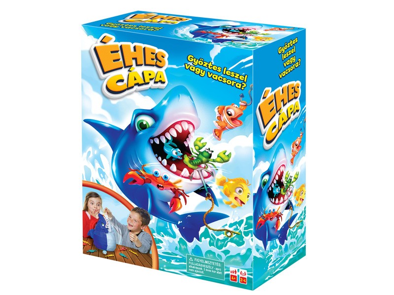 Éhes cápa társasjáték - doboz és játékelemek