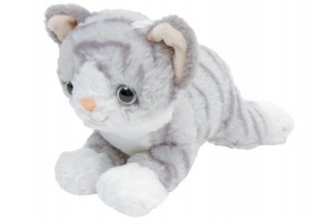 Szürke cica fekvő plüssfigura, 25 cm
