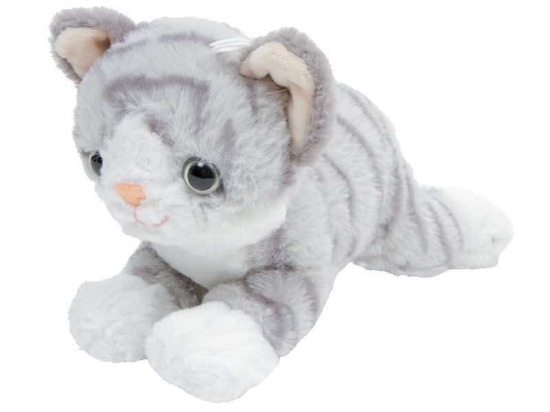 Szürke cica fekvő plüssfigura, 25 cm