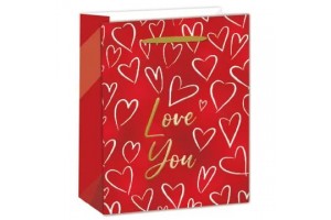 Piros ajándékzacskó arany szívekkel - 11x14 cm