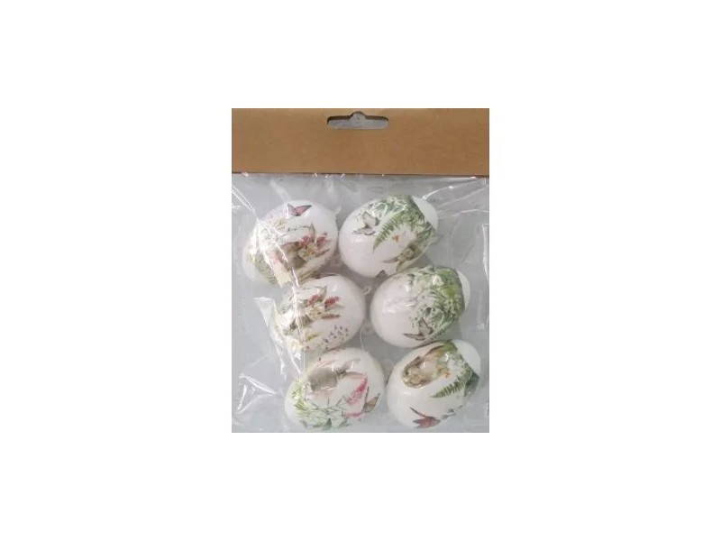 Fehér nyuszi és virág mintás dekorációs tojások, 6 db
