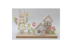 Fa házikó nyúllal és tulipánnal