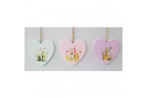 Szív alakú nyuszis fa dísz, 10 cm