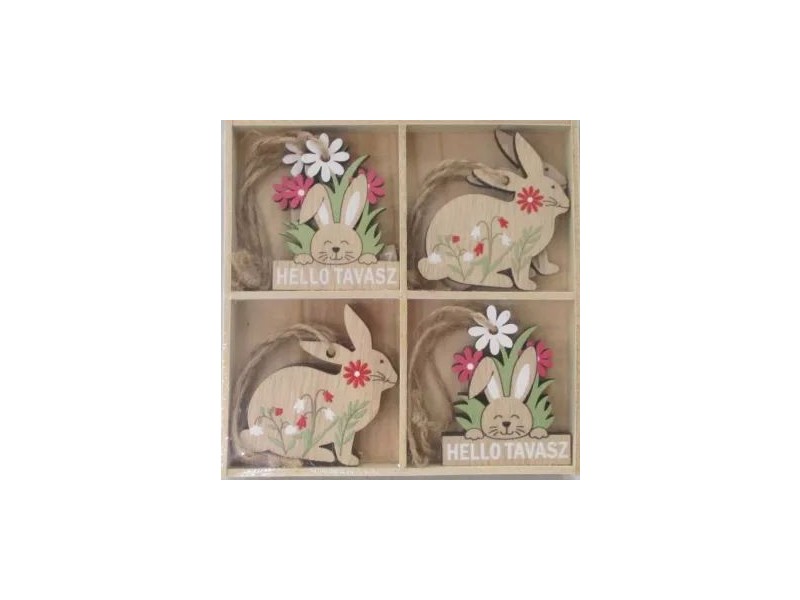 Felakasztható fa nyuszis díszek, 8 db