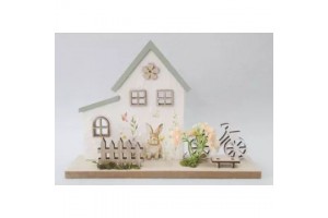 Dekorációs fa házikó nyúl figurával - 24x17 cm